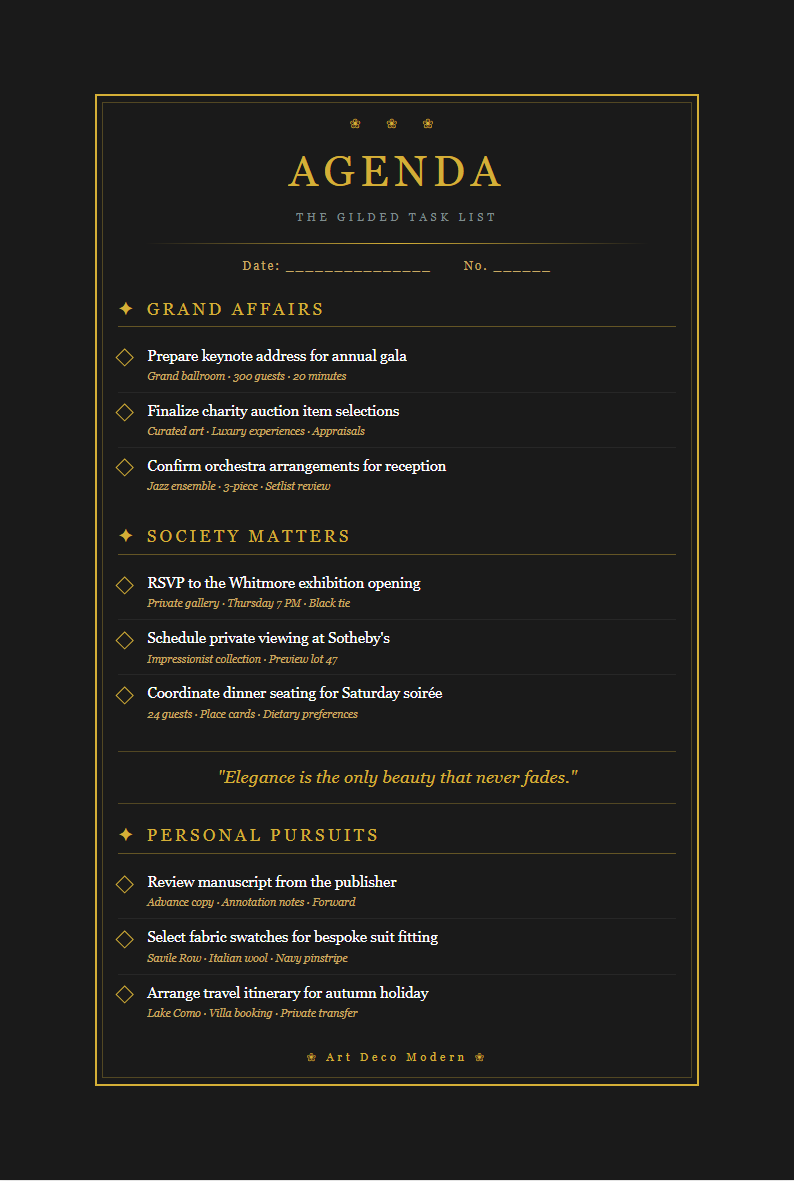 Art deco modern to do list with gilded elegance